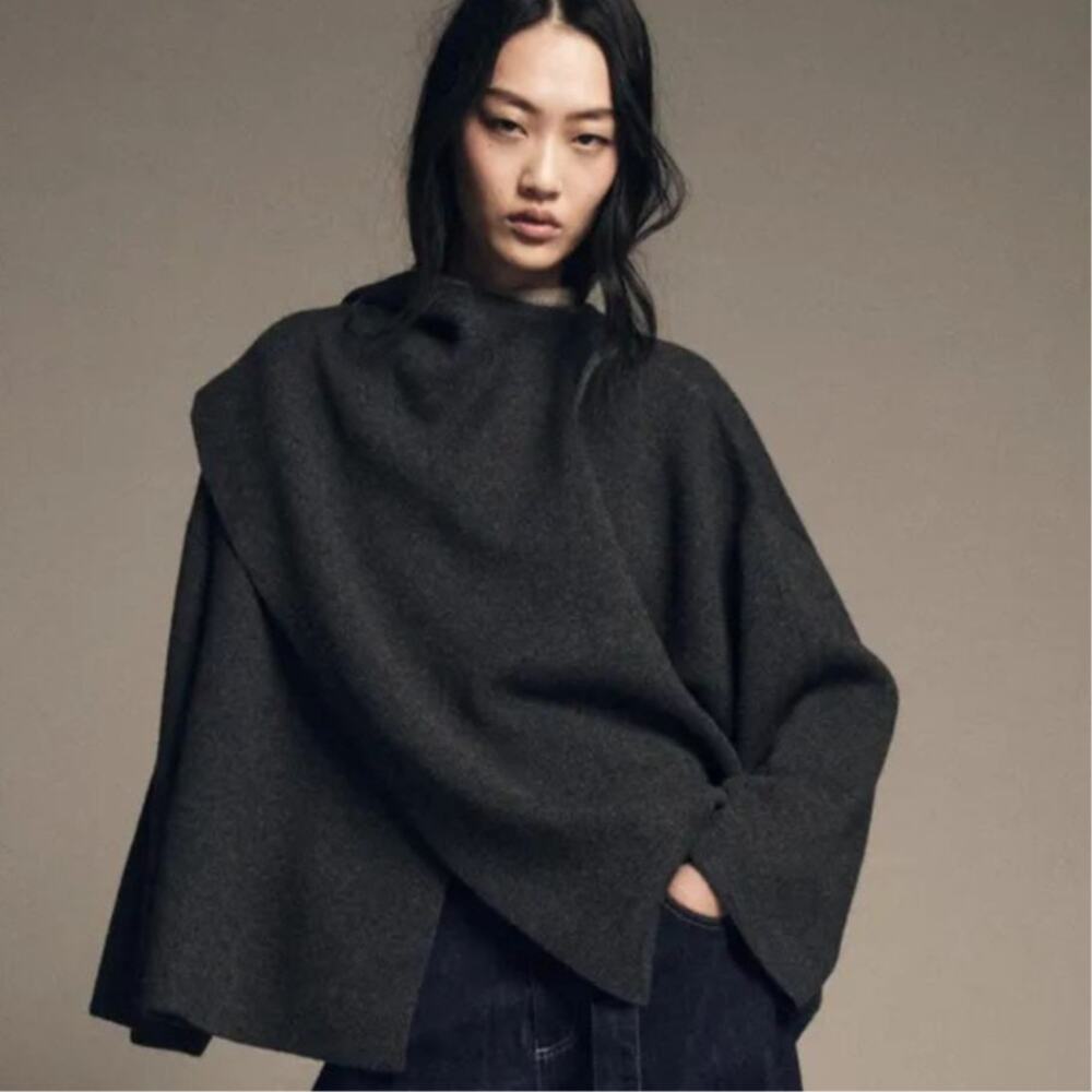 Zara Wool Blend Asymetric Knit Cape With Scarf Detail